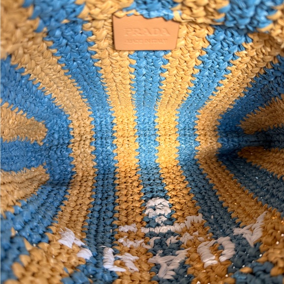 Prada small raffia striped tote bag in tan and blue - Picture 2 of 8